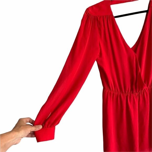 PARKER Silk Long Sleeve Mini Wrap Dress Red S - Picture 7 of 12